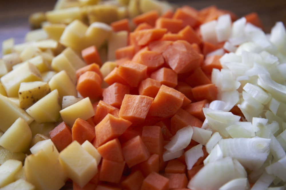 Diced potatoes, carrots, and onions. 