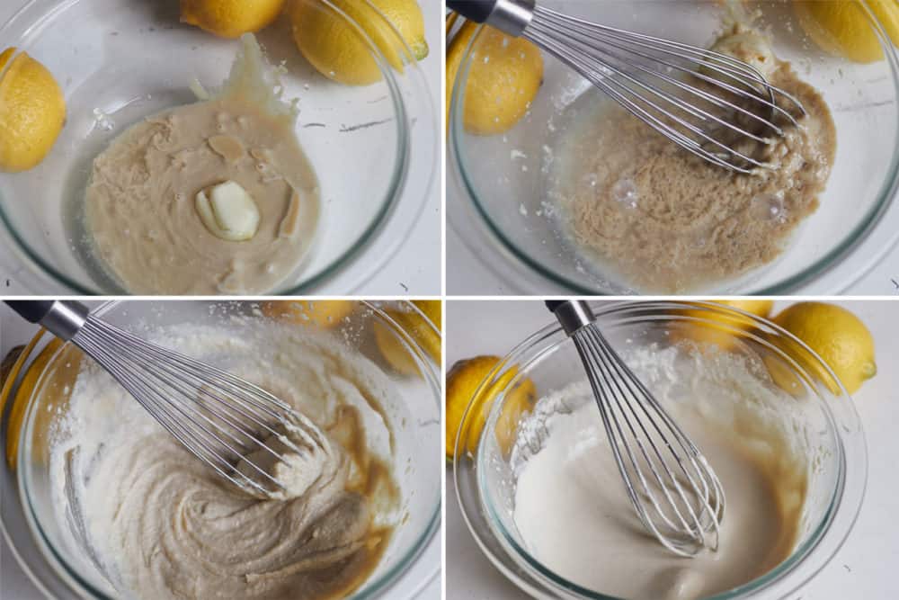 A grid of four photos showing the process of making the tahini sauce, all ingredients are gradually combined with a whisk in a glass bowl surrounded by lemons. 