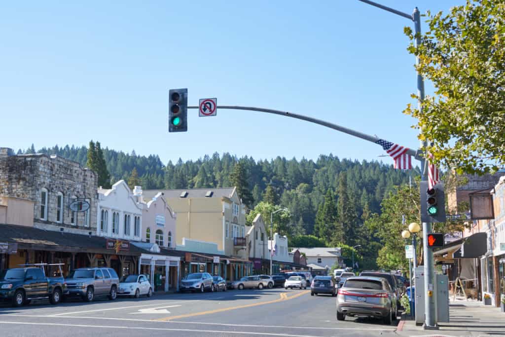 A view looking down the main street of downtown Calistoga, CA.