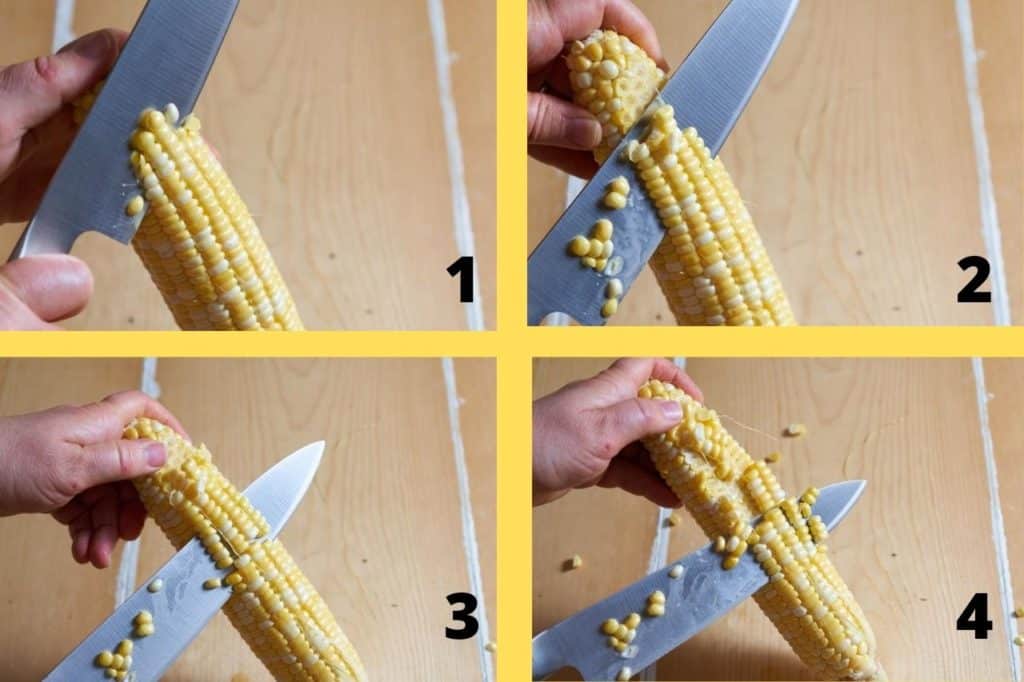 Four photos of a woman's hand holding a knife showing step by step how to cut corn off the cob.