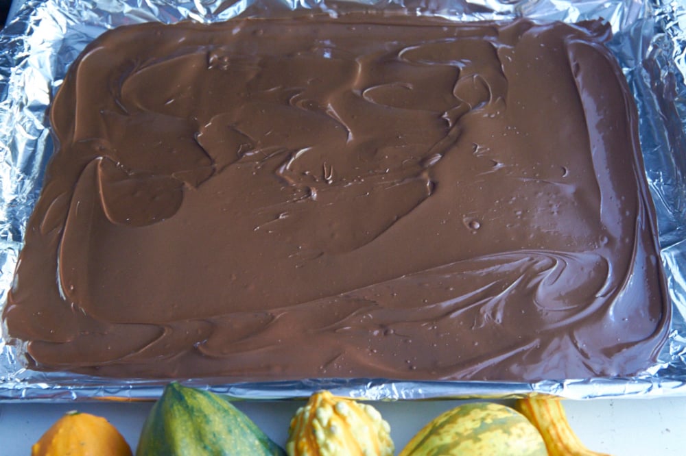 Melted chocolate spread onto a foil-lined baking sheet. 