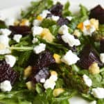 Roasted vegetable salad with charred lemon vinaigrette includes grilled beets and asparagus, and goat cheese.