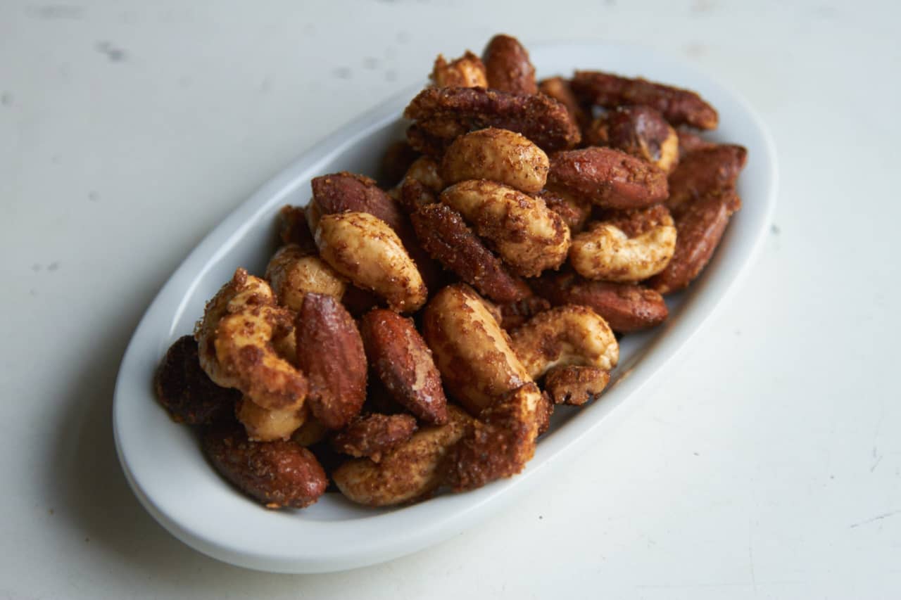 A dish of spiced nuts.