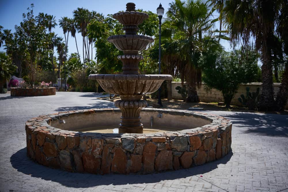 A stone fountain in Todos Santos Mexico in a small plaza with palm trees in the background. 