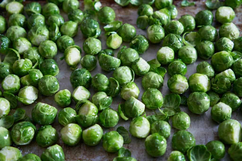 Trimmed raw brussels sprouts coated with olive oil and seasoned with salt on a baking sheet.