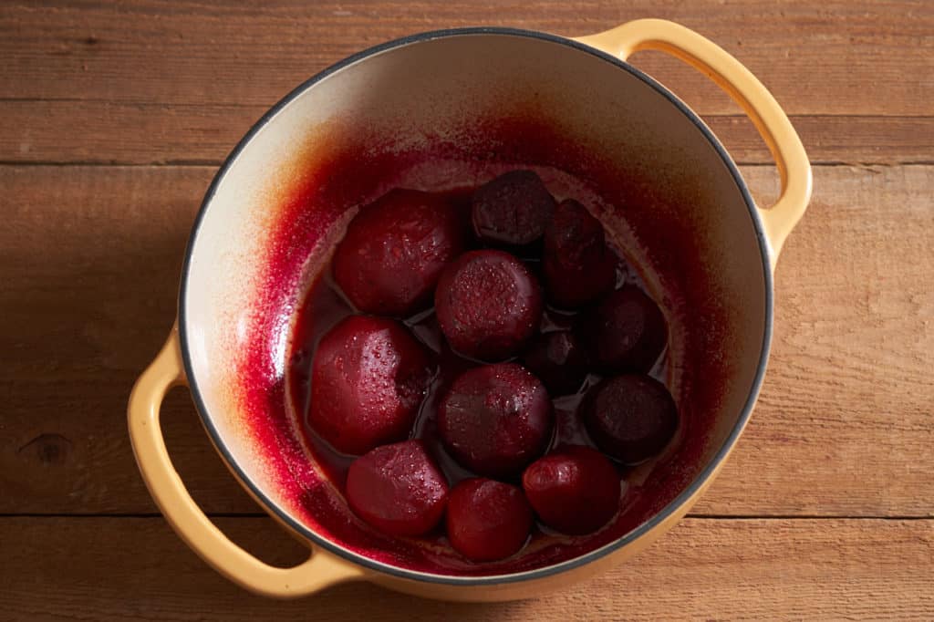 Oven-roasted beets in a Dutch oven.