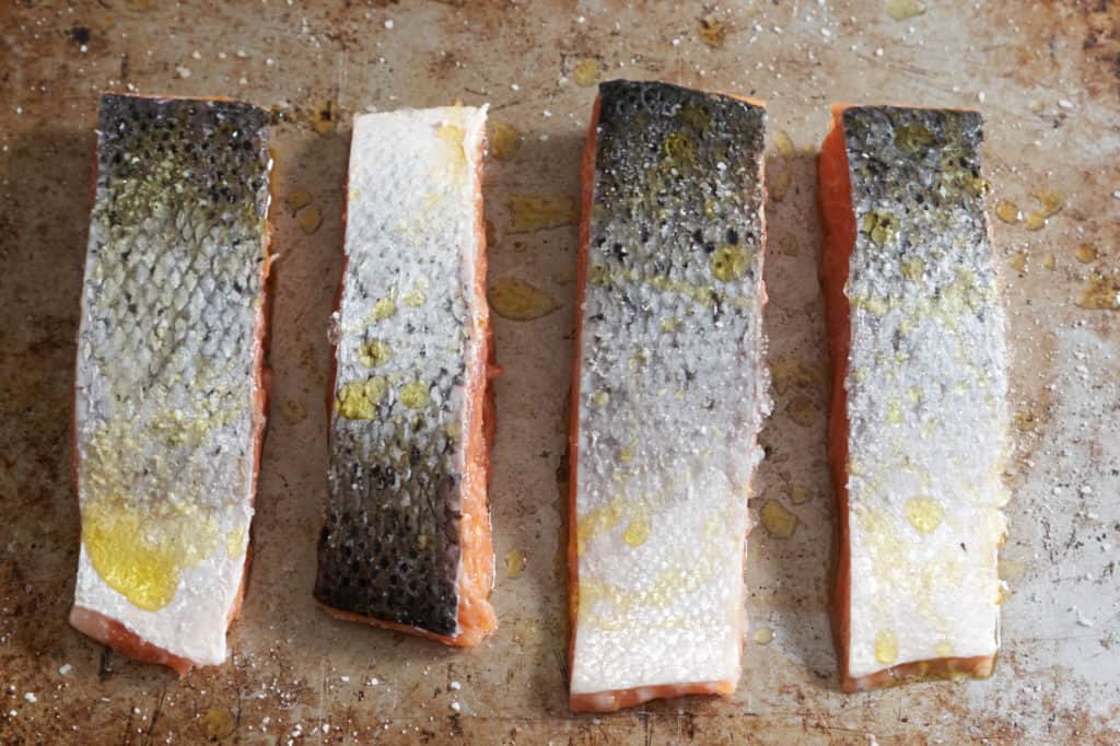 Four filets of raw salmon skin side up, seasoned with salt on a baking sheet.