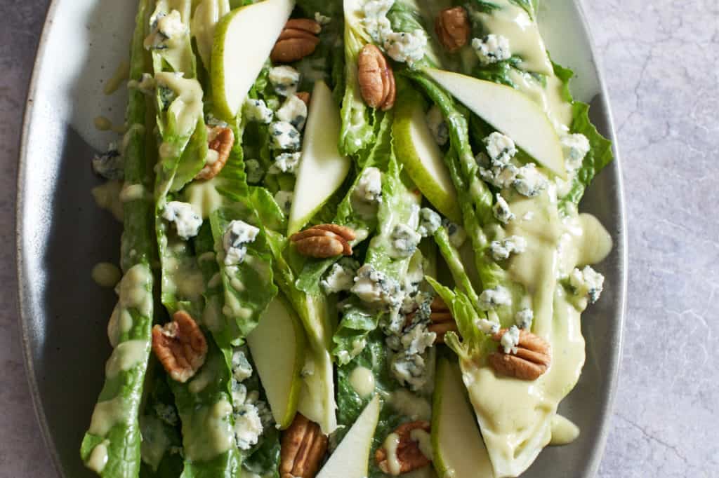 Romaine Hearts salad with blue cheese, pears, and pecans.