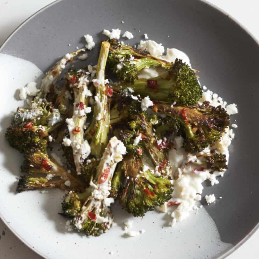 charred broccoli with feta and yogurt