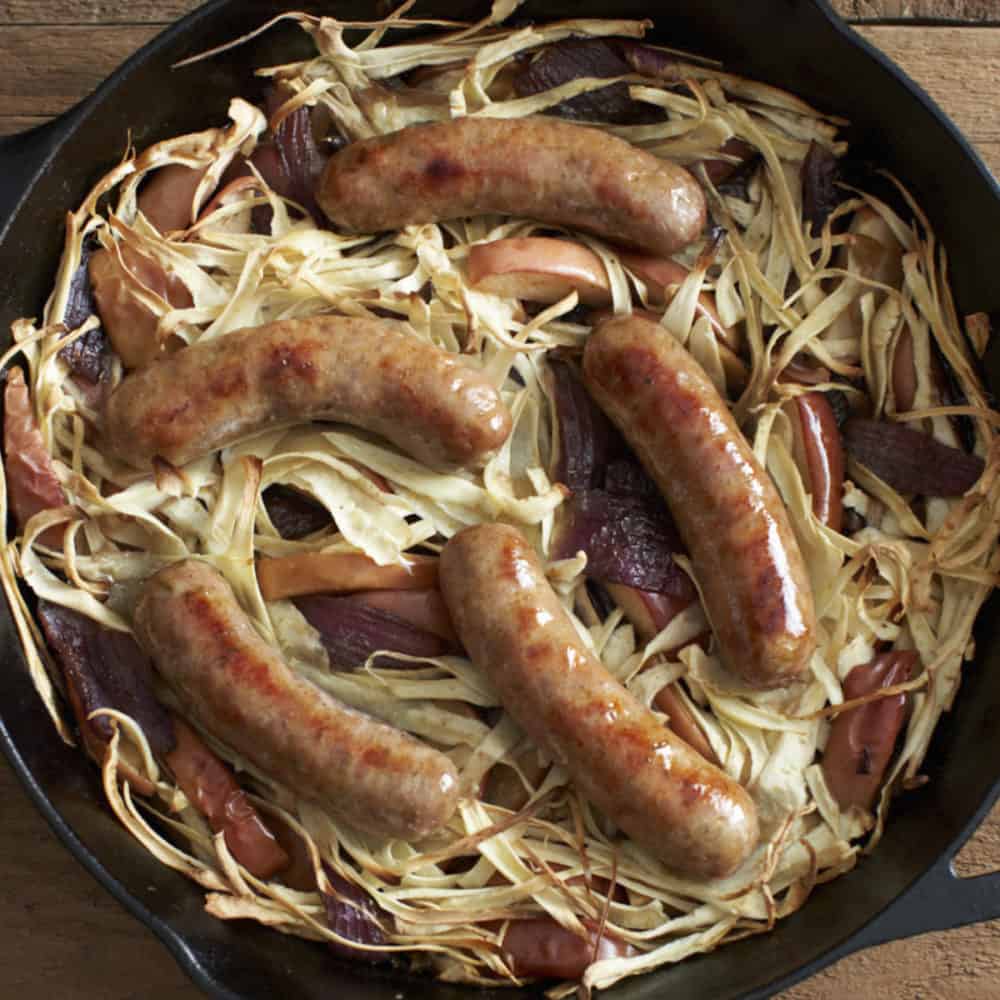 Italian sausage with parsnips, apples and onion