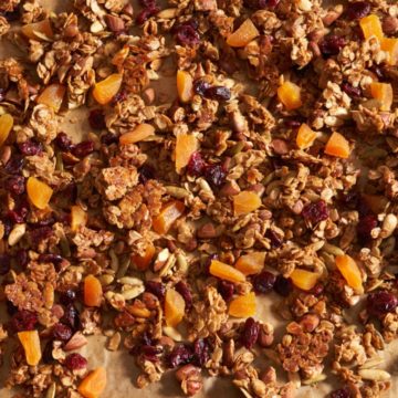 Homemade granola on parchment paper.