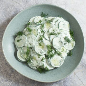 Creamy cucumber salad topped with fresh dill in a gray bowl.
