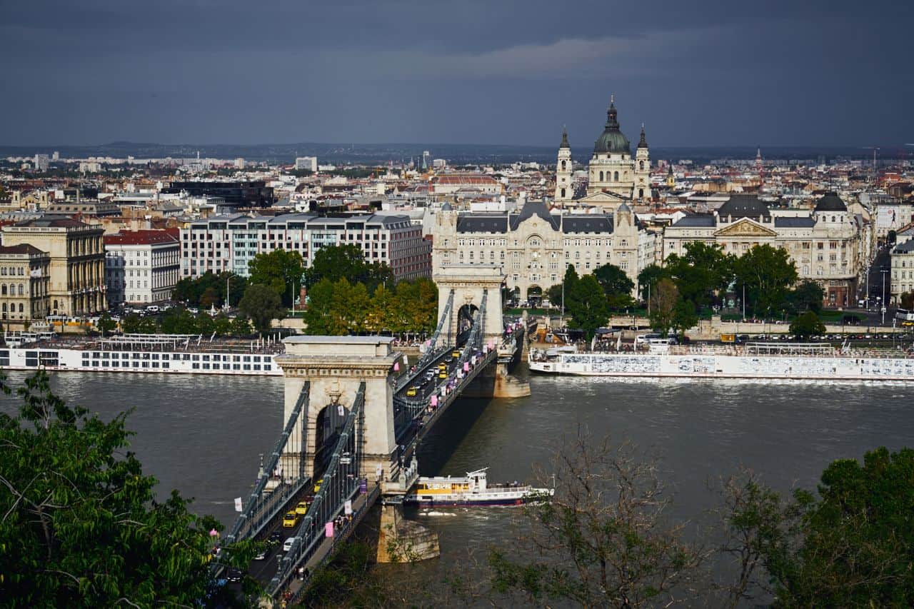 View overlooking the Chain Bridge and the Danube River in Budapest, Hungary.