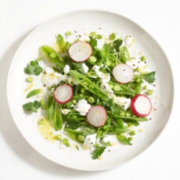 A plate of sugar snap pea salad topped with radishes and yogurt.