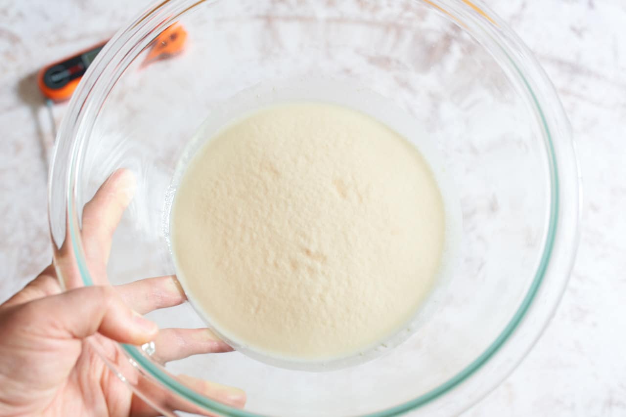 Foaming yeast and water mixture in a glass bowl.