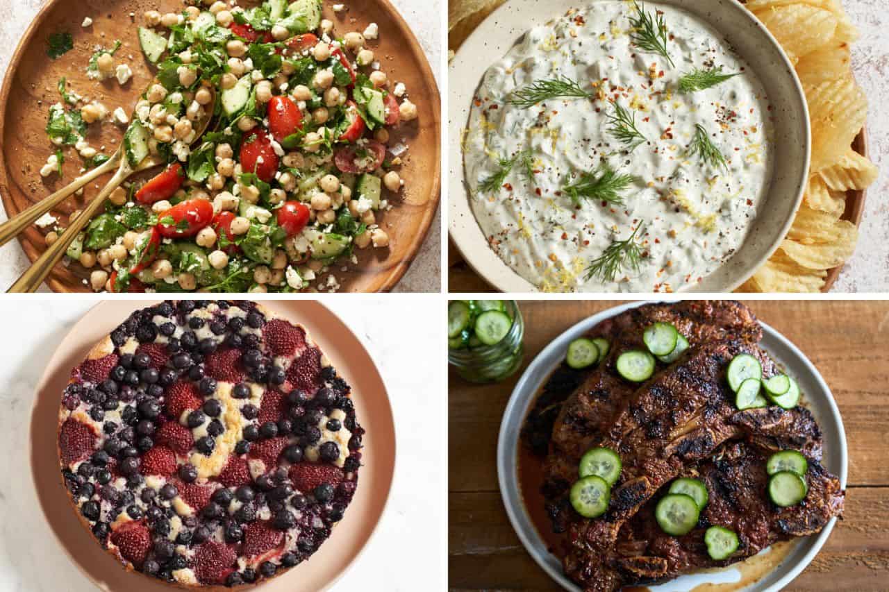 Four photos of food in a grid, clockwise from top left: garbanzo bean salad, dill pickle dip, grilled beef shor ribs, and mixed berry cake.