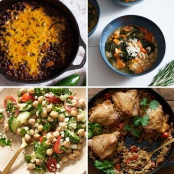 A grid showing four dishes, black beans in a skillet topped with cheese, a bowl of white bean soup, chicken with rice and black beans, and a garbanzo bean salad.