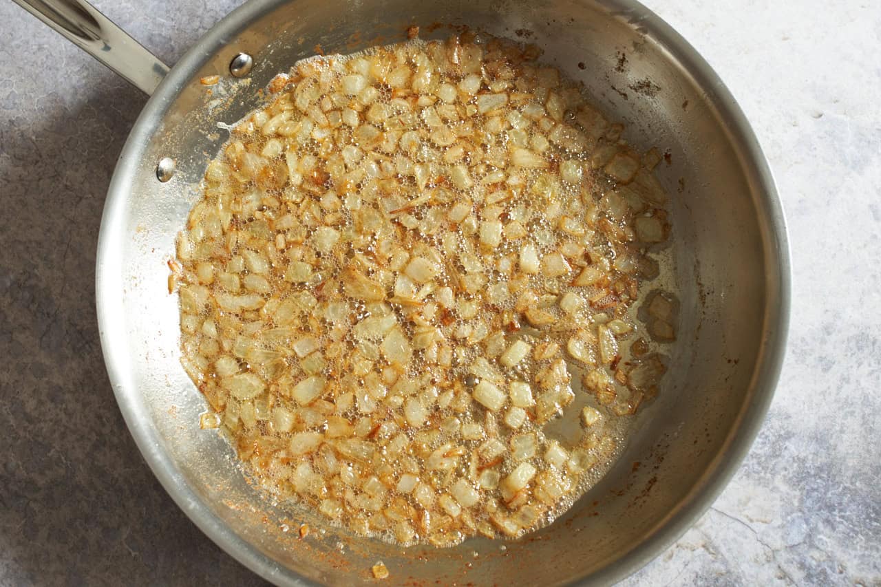 Caramelized onions in butter in a skillet.