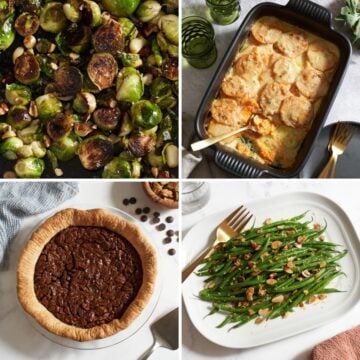 A four-picture grid showing brussels sprouts, sweet potato gratin, green beans amandine, and chocolate pecan pie.