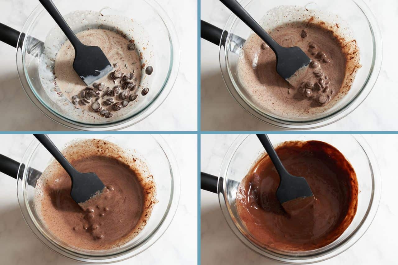 Four photos in a grid showing a bowl of dark chocolate chips melting into cream in a bowl over a pan of simmering water.