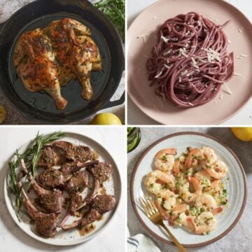 Four photos in a grid, clockwise from left, tarragon roast chicken, red wine spaghetti, shrimp scampi, and lamb chops.