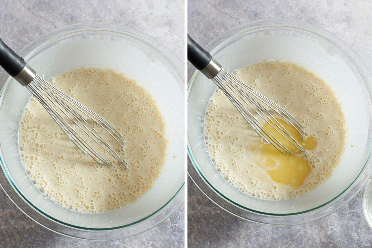 Two photos side by side showing crepe batter, on the left is the batter mixed with milk, on the right melted butter has been added.