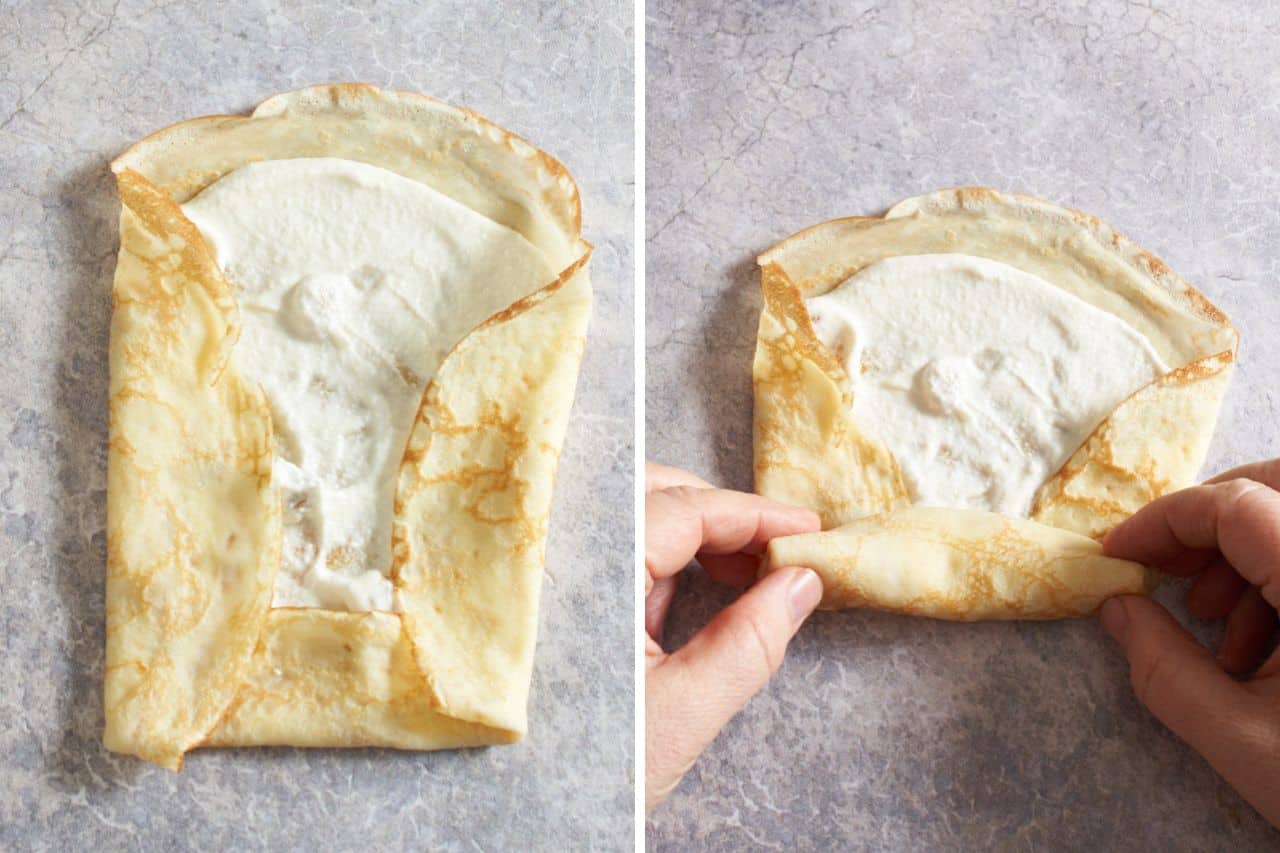 Two photos side by side showing a filled crepe being folded, on the left, the bottom and sides are folded in, on the right, a woman's hands are rolling it into a log shape.