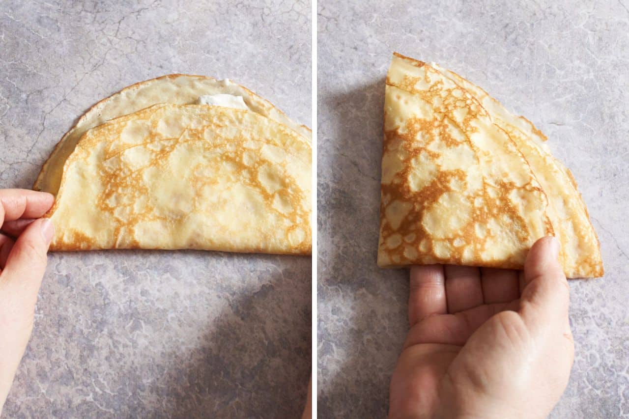 Two photos side by side showing a filled crepe being folded, on the left, it has been folded in half, on the right, a woman's hands have folded in in half a second time, making a wedge shape.