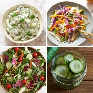 Four photos in a grid, clockwise from top left, potato salad, mango slaw, pickles, and mixed greens salad.