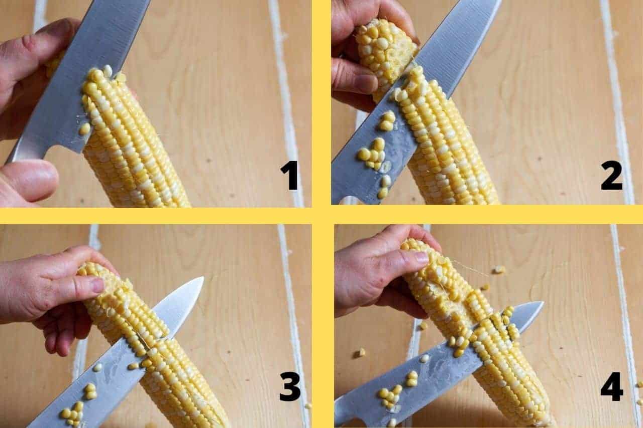 Four photos in a grid showing a woman's hands cutting corn off the cob with a chef's knife.
