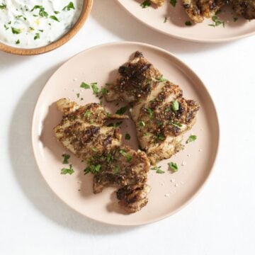 Grilled za'atar chicken on a pink plate, a bowl of yogurt sauce is in the upper left.