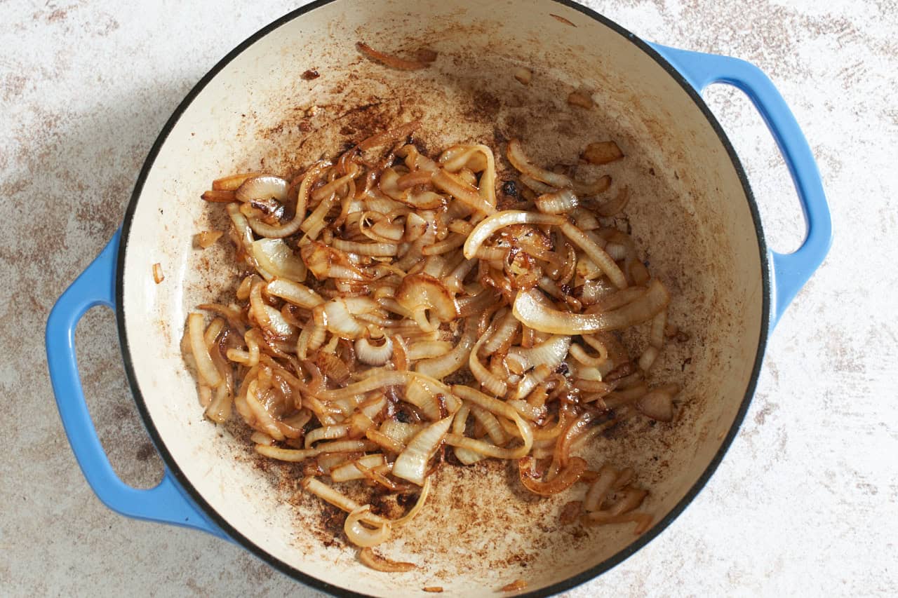 Caramelized onions in a skillet.